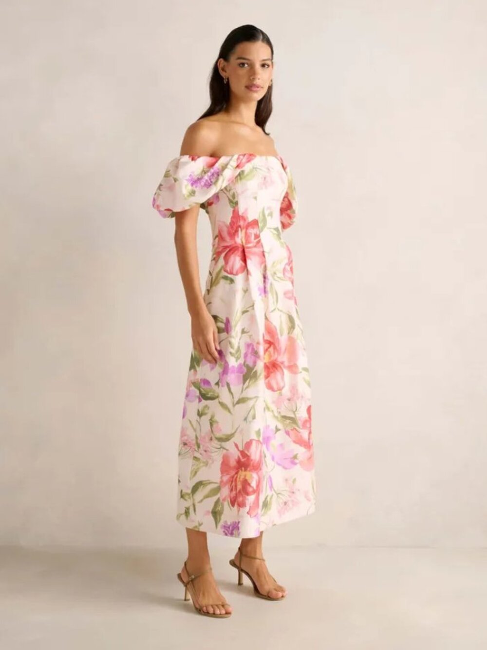 EVERNEW Janie Floral Off Shoulder Puff Sleeve Midi Dress - Size 4 - Picture 4 of 6